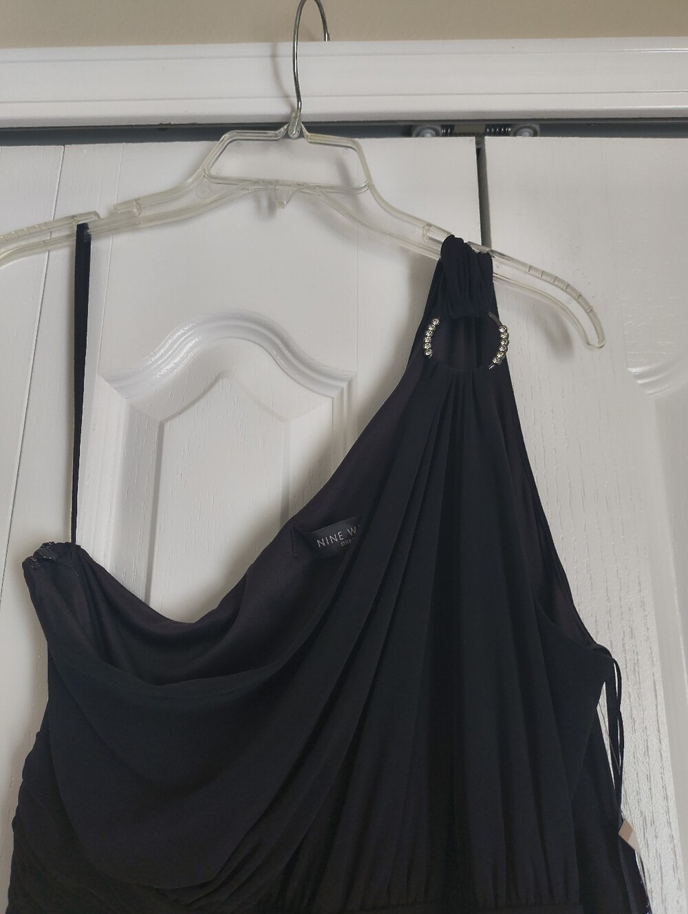 Nine West Black One-Shoulder Chiffon Dress with Rhinestone Ring